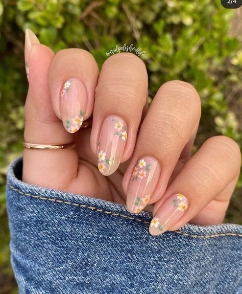 Almond Nails With Rhinestones Summer, Wedding Nails With Vines, Floral Gel Manicure, Nude Nails With Blue Flowers, Expensive Looking Nails, Thumbelina Wedding, Parisian Nails, Floral Wedding Nails, Wild Flower Nails