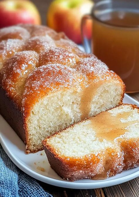 This Apple Cider Donut Bread is the perfect way to celebrate the flavors of fall. With its rich, spiced aroma and tender crumb, this bread brings ... More information... Donut Bread Recipe, Apple Cider Desserts, Donut Bread, Apple Cider Donuts Recipe, Apple Donuts, Apple Cider Recipe, Spiced Apple Cider, Apple Bread, Apple Cider Donuts