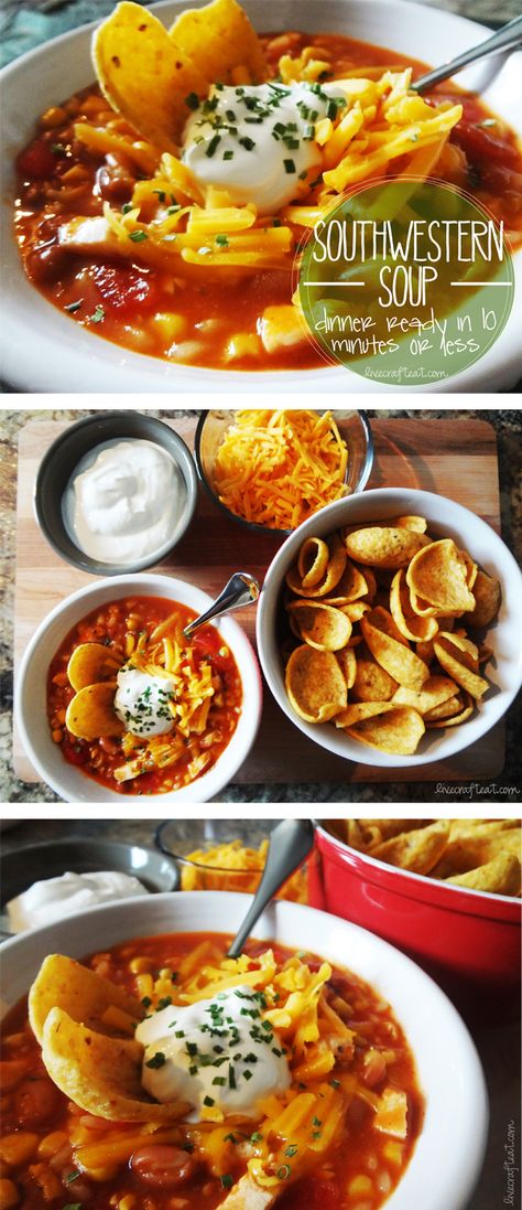 try this fabulously easy (& fast!) southwestern soup recipe - all it takes is 7 cans. pour them into a pot and heat! seriously. no extra spices needed - it's got plenty of heat. serve with sour cream, grated cheese, and fritos. great to have any night! Southwestern Soup, Soup And Sandwich, Grated Cheese, Delicious Soup, Soup Recipe, Soup And Salad, Om Nom, I Love Food, Amazing Food