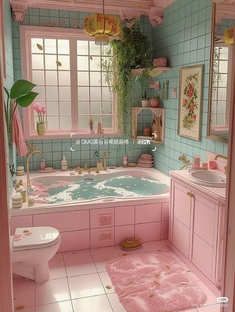 Pastel House Interior, Cute Aesthetic House, Fairy Bathroom Ideas, Pink Tile Bathroom Makeover, Cute Bathroom Ideas Aesthetic, Bathroom Ideas Cute, Pastel Pink Bathroom, Cute Bathrooms, Pink Bathroom Aesthetic