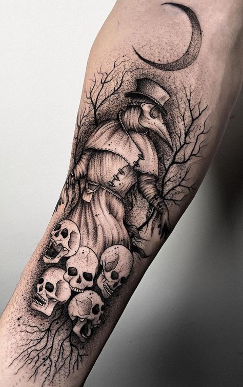 Plauge Doctor Tattoo Cute, Plague Doctor Tattoo Sleeve, Black Plague Tattoo, Spooky Shin Tattoo, The Plague Doctor Tattoo, Plague Doctor Tattoos, Plague Doctor Tattoo Creepy, Creepy Sleeve Tattoo, Unique Gothic Tattoos