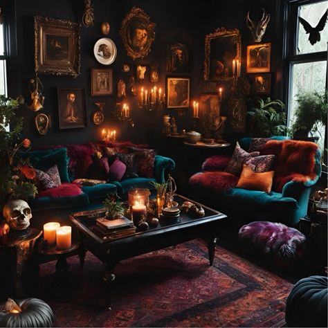 Magical & Maximalism Home Decor: Whimsigoth, Eclectic, and Witchy Vibes for Your Space | by Magical Maximalism🔮🏡✨ | Sep, 2024 | Medium Dark Victorian Living Room, Chesterfield Sofa Velvet, Maximalism Home, Dark Academia Living Room, Academia Interior, Witchy Dark Academia, Dark Academia Room Ideas, Academia Home, Dark Academia Interior