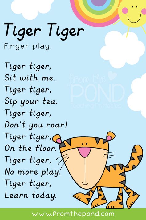 Rhyme On Animals, Tiger Songs For Preschool, Finger Plays For Kindergarten, Tiger Activities For Preschool, Phonic Rhymes, Finger Plays For Preschool, Tiger Poem, Finger Play Songs, Tiger Activities