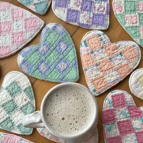 Tami Gray Voth on Instagram: "I’m enjoying some afternoon tea using a new heart coaster I just finished. These are made from an old quilt, lined with fusible fleece and backed with fabric. ☕️ They’ll be sold in sets of two and will be available April 15 between 6-6:30 p.m. EST. #afternoontea #teatime #afternoonteatime #tealover #tea #tealove #coaster #coasters #heartshaped #heart #hearts #oldquilt #vintagequilt #sew #quilt #patchworkquilt #quiltlove #sewing #sewsewsew #sewingtime #sewinglove #repurposed #upcycling #handmadehome #makersgonnamake #maker #simplejoys #simplethingsmadebeautiful #simplethings #handmadewithlove" Old Quilt Crafts Projects, Recycle Old Quilts Ideas, Upcycle Old Quilts, Quilt Pieces Repurposed, Upcycle Quilt Ideas, Repurpose Quilts Ideas, Homemade Gifts Sewing, Small Quilting Projects Gift Ideas, Repurposed Quilts Ideas