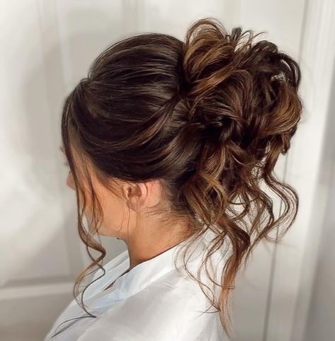 Textured High Bun, Bridesmaid Stuff, Loose Curly Hair, High Updo, Bridemaids Hairstyles, High Bun Hairstyles, Long Shiny Hair, Mother Of The Bride Hair, Ball Hairstyles