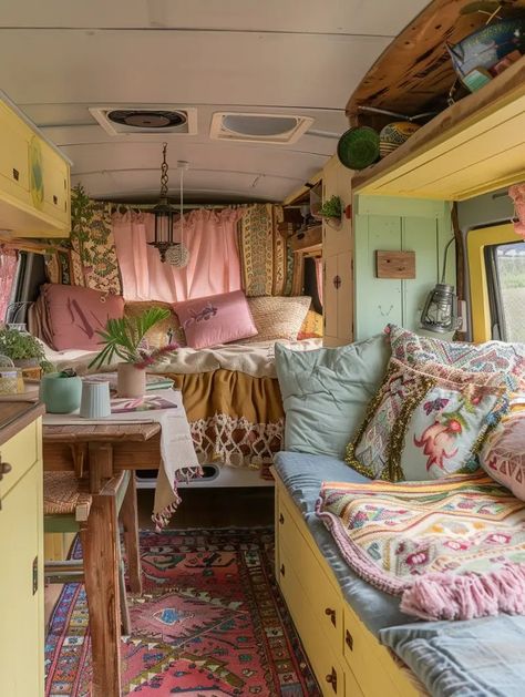 Cottage Core Camper Decor, Camper Design Ideas, Boho Van, Hippie Camper, Caravan Decor, Camper Interior Design, Camper Design, Vintage Camper Remodel, Trailer Decor