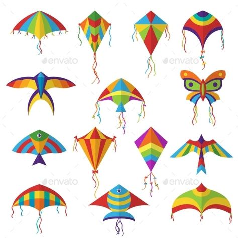 Air Kite. Colored Different Shapes Kite in Sky by ONYXprj | GraphicRiver Kite In Sky, Big Kites, Diy Kite, Kites Craft, Indian Animals, Kites For Kids, Kite Designs, Kite Festival, Kids Art Class