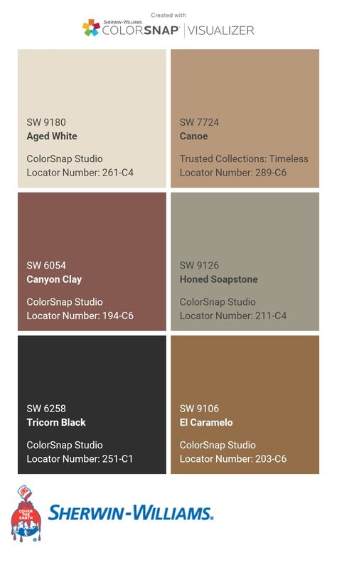 I just created this color palette with the Sherwin-Williams ColorSnap® Visualizer app on my Android phone. What do you think? You can learn more about ColorSnap Visualizer and get it on your phone free by visiting https://www.sherwin-williams.com/content/colorsnap.html. What Color Goes With Terracotta, Sherwin Williams Western Paint Colors, Sherwin Williams Macadamia Color Schemes, Terracotta Paint Color Living Room, Wherein Williams Color Palette, Pewter Green Sherwin Williams Living Room, Spanish Interior Color Palette, Western Color Palette Ranch, Renwick Rose Beige Sherwin Williams