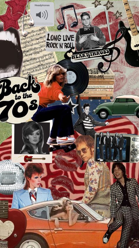 Logos, Rock And Roll Vintage Aesthetic, 70s Collage Art, 70s Aesthetic Collage, 1970s Moodboard, 70s Band Aesthetic, 70s Music Aesthetic, 70s Yearbook, 70s Rock Aesthetic