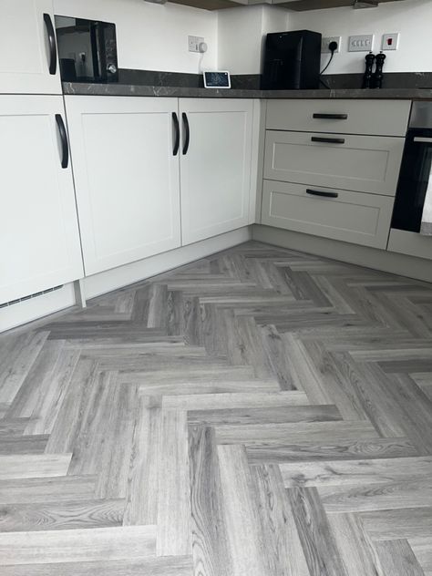 Grey herringbone flooring. 
Grey kitchen.
Marble worktopes
Grey cupboards Luxury Vinyl Tile Flooring, Vinyl Tile Flooring, Grey Flooring, Vinyl Tiles, Luxury Vinyl Tile, Grey Kitchen, Luxury Vinyl, Beveled Edge, Home Decor Kitchen