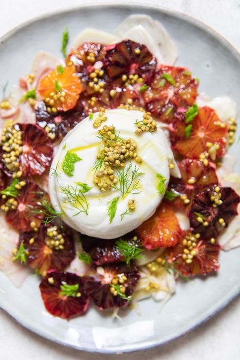 Ottolenghi’s Blood Orange & Fennel Salad with Burrata Fennel Burrata Salad, Orange Burrata Salad, Blood Orange Fennel Salad, Autumn Burrata Salad, Blood Orange Salad Recipes, Citrus Burrata Salad, Citrus Fennel Salad, Winter Burrata Salad, Bursts Recipes