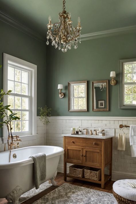 wall paint, bathroom wall decor, interior home design, bathroom color scheme Olive Cabinets Bathroom, Bathroom Colored Walls, Bathroom With Green Ceiling, Small Master Bath Green, Green For Bathroom Paint Colors, White Tile Green Paint Bathroom, Bathrooms With Green Accents, Bathroom Remodel With Tile Walls, Cool Green Bathroom