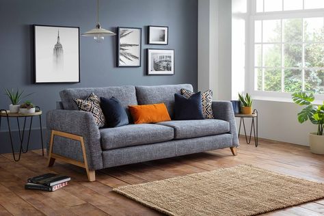 Celebrity here at Furniture World Charcoal Sofa Living Room, Teal Walls Living Room, Modern Living Room Blue, Grey Sofa Design, Gray Sofa Styling, Danish Living Room, Wooden Floors Living Room, Log Burner Living Room, Interior Decoration Ideas