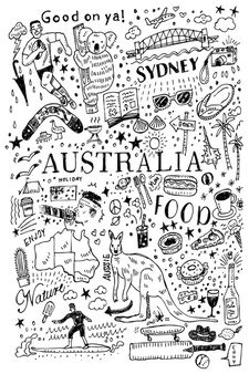 Doodle Travel, Australia Drawing, Australia Wallpaper, Maps Design, Map Illustrations, Australian Maps, Happy Australia Day, Travel Journal Scrapbook, Palm Tattoos