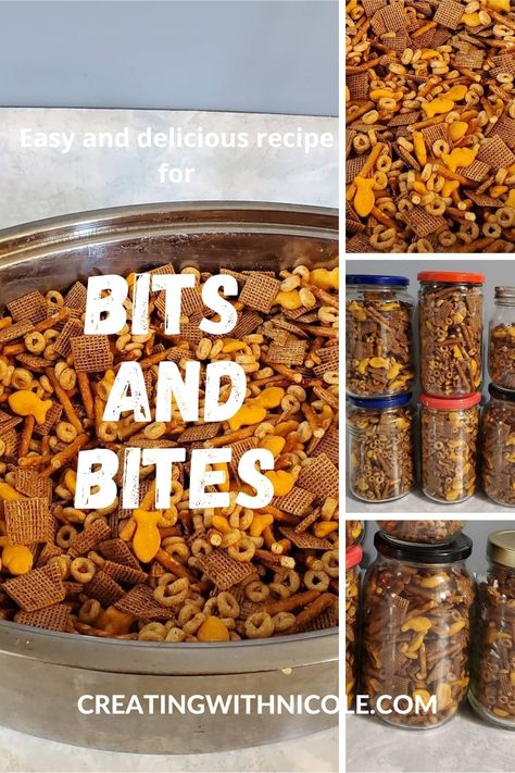 Delicious homemade bits and bites! Easy recipe that doesn't need anything too crazy. Bits And Bites Recipe Slow Cooker, Bites And Bites, Diy Bits And Bites, Homemade Bits And Bites, Bits And Bites Recipe Oven, Homemade Nuts And Bolts Recipes, Homemade Bits And Bites Recipes, Bits And Bites, Christmas Bits And Bites