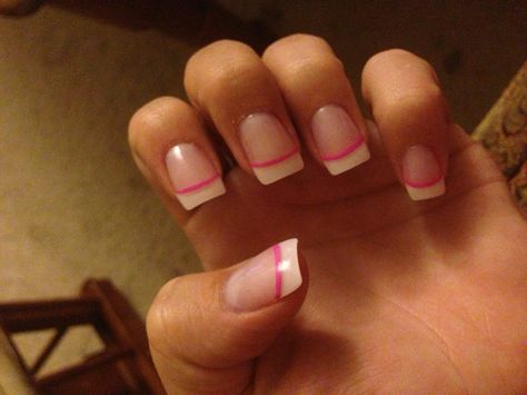 Nail Tips, French Tip Nails With Pink Line, French Nails With Color Line, French Tip With Pink Line, Gel French Tips, White Tip Nails, White French Tip, Lines On Nails, White Tip