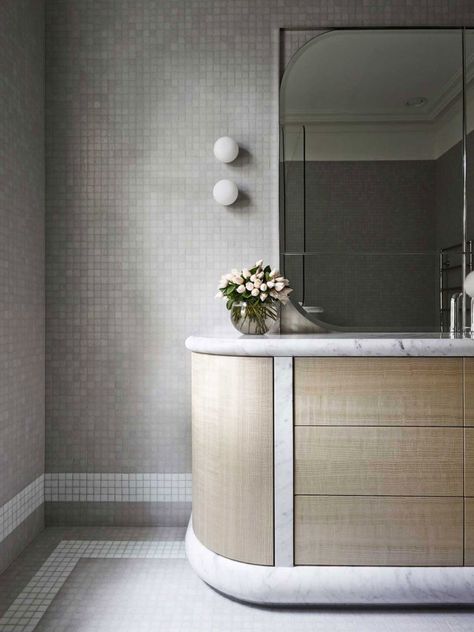 5 spaces with stunning natural stone | Habitus Living Curved Vanity, Black Mosaic Tile, Vanity Inspiration, White Mosaic Tiles, Best Bathroom Designs, Australian Interior Design, Smart Bathroom, Wall Niche, Interior Design Awards