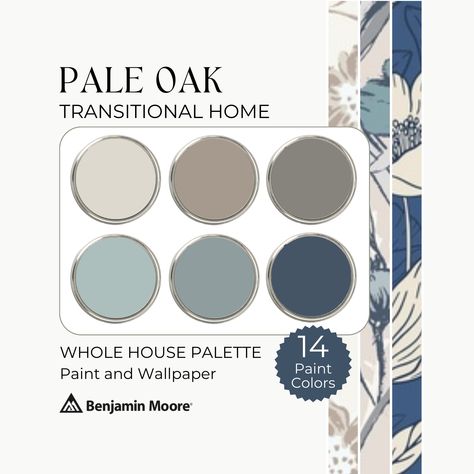 Pale Oak Paint, Benjamin Moore Pale Oak, Oak Wallpaper, Whole House Color Palette, House Color Palette, Earth Tones Paint, Wallpaper And Paint, Earth Tone Palette, Blue Painted Walls