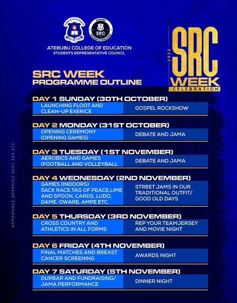 Atecoe SRC Week celebration program outline designed by Oppomence graphics in Ghana 0247369275 Program Flow Design, Tentative Program Design, Program Flow Pubmat, Program Outline Design, Week Celebration Flyer, Creative Calendar Design Layout, Event Program Design, Events Calendar Design, Program Flow