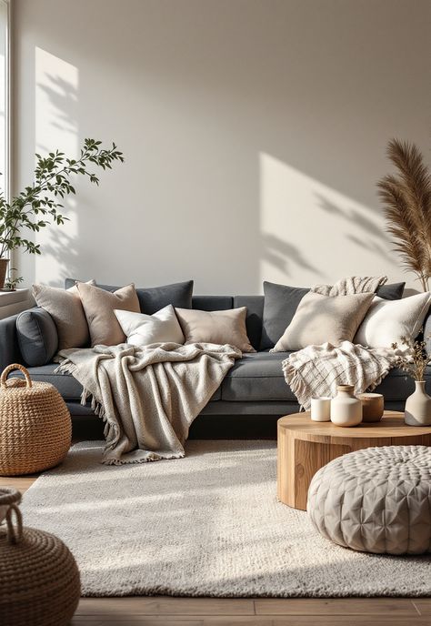 Grey Couch Living Room Grey Couch With Neutral Decor, Grey And Rattan Living Room, Gray Couch Scandinavian Living Room, Grey Sofa With Beige Pillows, Living Room With Dark Couch Ideas, Living Room Apartment Grey Couch, Granite Sofa Living Room, Gray Couch Aesthetic Living Room, Styling Grey Sofa Living Rooms