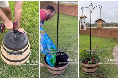 This Shepherd’s Hook Planter Is a Genius Hack for Hanging Bird Feeders Backyard Bridge, Bridge Diy, Backyard Bridges, Cheap Raised Garden Beds, Bed Layout, Garden Archway, Planter Box Plans, Beds Diy, Planter Diy