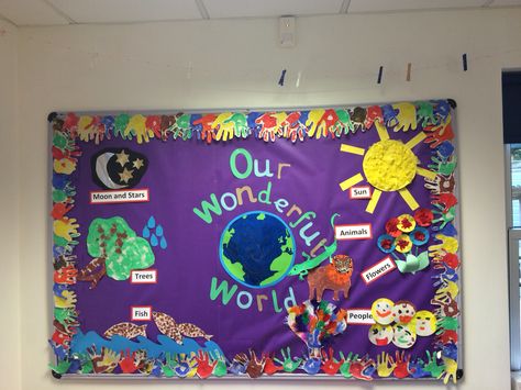 My wonderful world display board all children's work! Our Wonderful World Eyfs, Around The World Display Board, Small World Display Board Eyfs, The Future Of The World Bulletin Board, Where In The World Bulletin Board, Wall Display Ideas Ece, Preschool Display Boards, Nursery Display Boards, World Bulletin Board