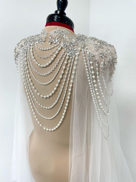 White Ivory Beaded Wedding Tulle Cape With Crystals Beaded - Etsy Canada Shoulder Jewelry Wedding, Wedding Caplets, Diy Cape Veil, Wedding Shoulder Jewelry, Wedding Dress With Shoulder Cape, Bridal Shoulder Necklace, Wedding Armor, Iridescent Veil, Wedding Cape Dress