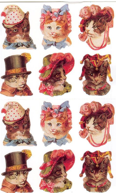 x Cats Wearing Hats, Victorian Scrap, Image Chat, Arte Inspo, Arte Sketchbook, Tattoo Set, Cat Hat, Vintage Printables, Vintage Cat