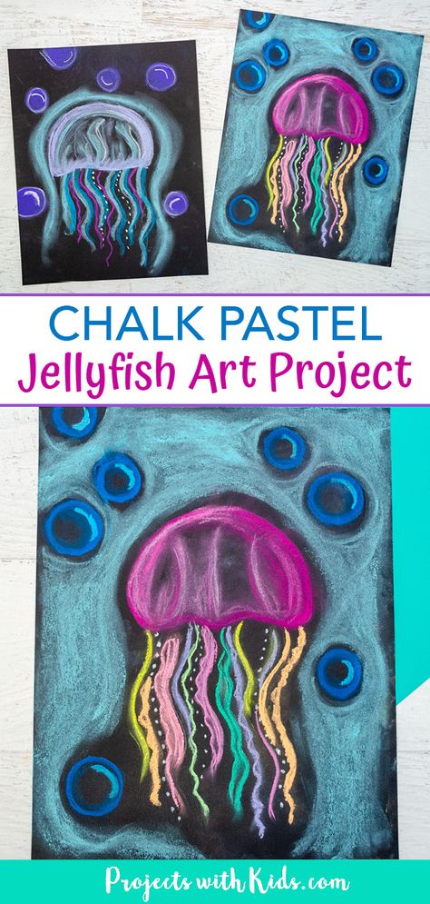 Create this colorful jellyfish art project with just a few simple supplies and easy chalk pastel techniques. A great ocean art activity kids will love to make! #projectswithkids #chalkpastels #kidsart Art Projects On Black Paper, Jelly Fish Art Project, Kindergarten Classroom Art Projects, Chalk Art Black Paper, Elementary Ocean Art Projects, Bioluminescence Activities For Kids, Sea Turtle Art Project, Kindergarten Art Projects Summer, Fun Art Ideas For Kids