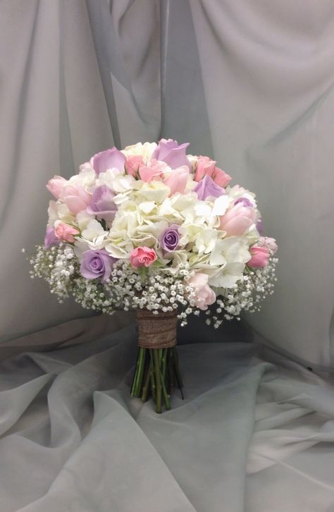 Pink, lavender and white bridal bouquet by Nancy at Belton Hyvee. Pink And Lilac Quince Theme, Purple Quince Ramo, Pink And Purple Quince, Cinderella Ballroom, Lavender Wedding Decorations, Christ Centered Wedding, Lavender Bridal Bouquet, Quincenera Dresses, Purple Quince