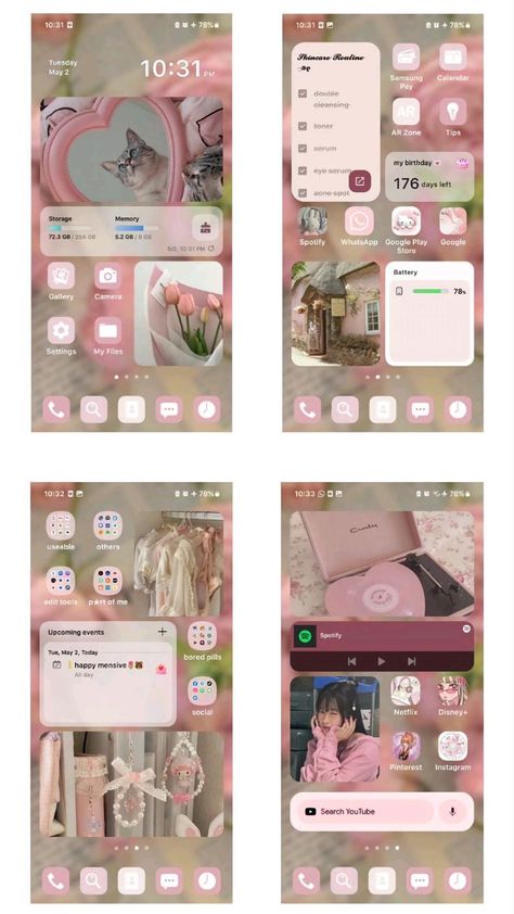 Galaxy Homescreen Layout, Samsung Phone Customization, Samsung Aesthetic Theme, Samsung Customization Ideas, Aesthetic Theme For Phone, Samsung Apps Organization, Samsung Icon Aesthetic, Phone Theme Ideas Android, Samsung Layout Ideas