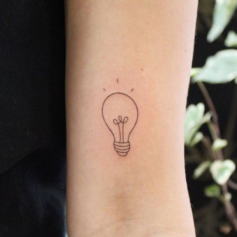 Minimalist Light Bulb Tattoo, Tiny Light Bulb Tattoo, Simple Teacher Tattoo, Light Bulb Tattoo Design, Simple Light Bulb Tattoo, Small Light Bulb Tattoo, Fine Line Light Bulb Tattoo, Small Lightbulb Tattoo, Lightbulb Tattoo Simple