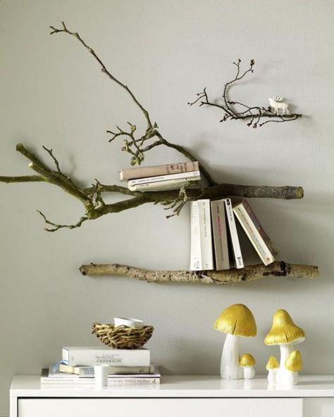 24 Creative Ways To Decorate with Branches via Brit + Co. Branch On Wall Decor, Aspen Branch Decor, Nature Inside Home, Art With Branches, Branch Shelves, Branch Shelf, Branch Ideas, Branches Decor, Takken Decor