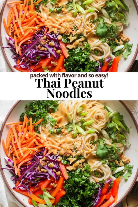 Thai Peanut Noodles - A seriously delicious Thai Peanut Noodle recipe that take minimal cooking, is packed with flavor and makes amazing leftovers! #thaipeanutnoodles #thaipeanutnoodlesrecipe #thaipeanutnoodlessalad #thaipeanutnoodleswithvegetables Essen, Peanut Noodle Stir Fry, Thai Peanut Noodles With Shrimp, Veggie Peanut Noodles, Healthy Peanut Butter Noodles, Thai Peanut Recipes, Thai Peanut Noodles Recipe, Thai Sauce For Noodles, Cold Thai Peanut Noodle Salad