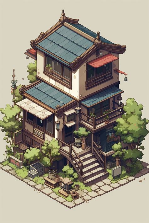 Isometric Environment Concept Art, Isometric Japanese House, Isometric Art House, Isometric Building Illustration, Small Japanese House Minecraft, Isometric Art Drawing, Japanese House Art, Isometric Game Art, Isometric Environment