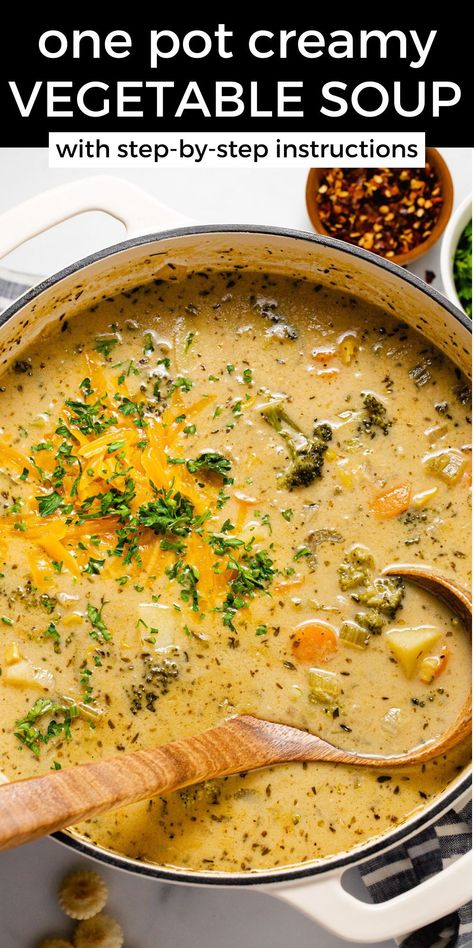 This creamy vegetable soup can be made in just over 30 minutes and everything cooks together all in one pot for a quick and easy weeknight dinner that your family will love! Switch up the veggies to suit your taste or use it as a "clean out the fridge" meal to get rid of leftovers and odds and ends! Creamy Veggie Soup, Cream Of Vegetable Soup, Creamy Vegetable Soup, Veggie Soup Recipes, Roasted Vegetable Soup, Creamy Soup Recipes, Veg Soup, Vegetable Soup Recipes, Veggie Soup