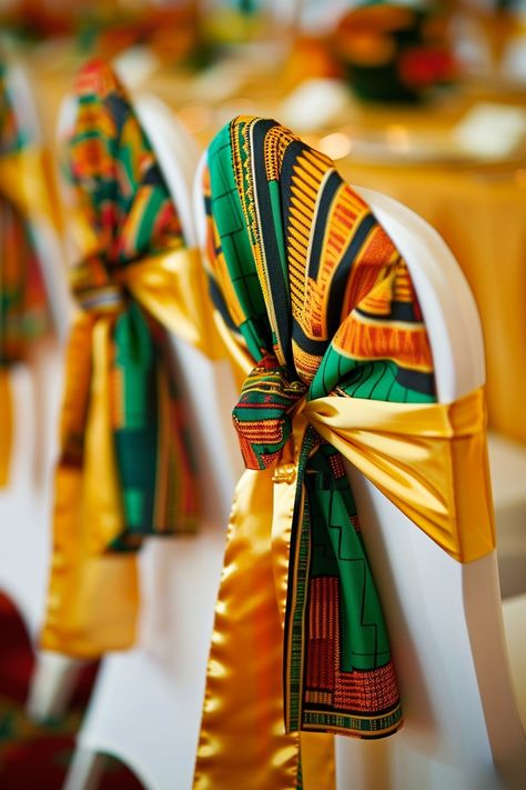 Transform your wedding venue into a cultural haven with vibrant Kente cloth chair sashes. Perfect for an Afrocentric celebration, these sashes add a touch of heritage and style. 🌍💒🎉 Celebrate love with a traditional twist! #WeddingInspiration #AfricanWedding #KenteDesign #WeddingDecor #AfrocentricWedding #CulturalElegance #ChairSashes #WeddingDetails Jamaican Theme Wedding Ideas, Coming To America Wedding Theme, Lobola Celebration Decor, African Traditional Wedding Decoration, 60th Birthday Party Themes, Wedding Accessories Photography, African Wedding Theme, Africa Party, African Inspired Wedding