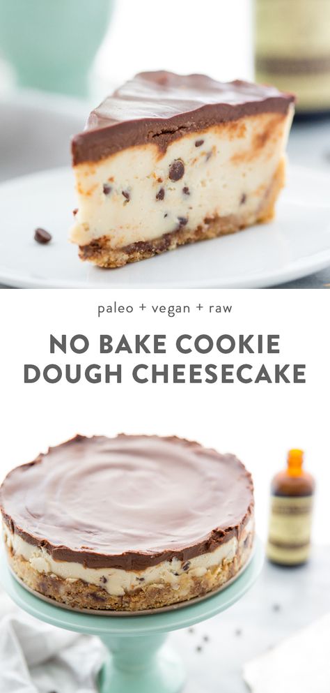 This vegan no bake cookie dough cheesecake is paleo and free of refined sugars but totally loaded with taste. Paleo No Bake Cookies, No Bake Cookie Dough Cheesecake, Vegan No Bake Cookies, Deserturi Raw Vegan, Vegan No Bake, Raw Vegan Cake, Biscotti Cheesecake, Cheesecake Cookie, No Bake Cookie