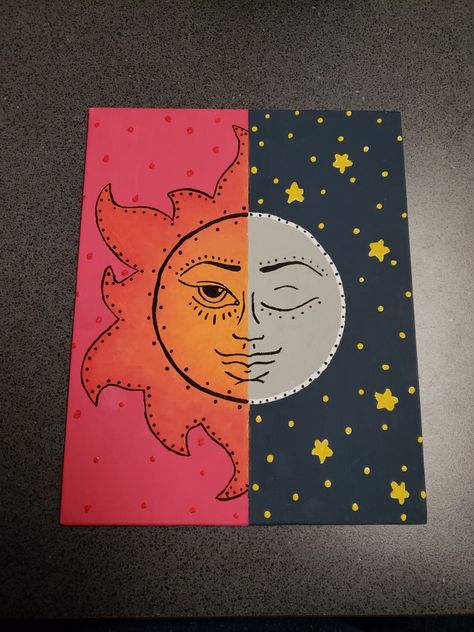 Sun and Moon Canvas Painting Canvas Painting Ideas For Beginners, Canvas Aesthetic, Painting Ideas For Beginners, Trippy Painting, Painting Aesthetic, Canvas Painting Ideas, Hippie Painting, Simple Canvas Paintings, Easy Canvas