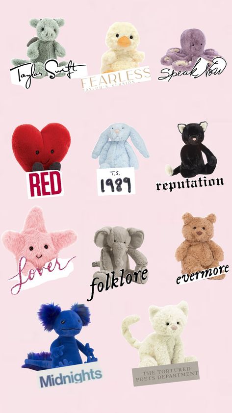 the eras as jelly cats Cute Jelly Cats, Jelly Cats Aesthetic, Taylor Swift Albums, Taylor Swift Book, Taylor Swift Birthday Party Ideas, Taylor Swift Jokes, Taylor Swift Merchandise, Jelly Cat, Jellycat Stuffed Animals