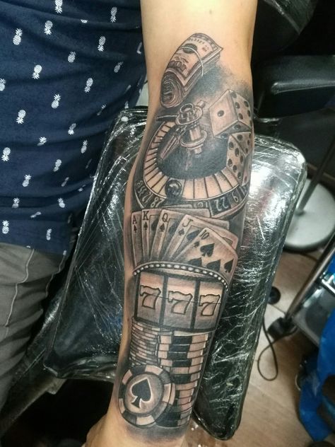 777 Casino Tattoo, Gambling Tattoo Ideas, Tattoo Casino, Lion Forearm Tattoos, 777 Tattoo, Casino Tattoo, Card Tattoo Designs, Money Tattoo, Forarm Tattoos