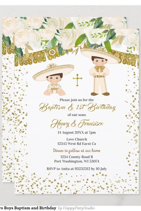 Mexican Gold Charro Boys Baptism and Birthday Invitation Charro Bautizo Ideas Boy, Baptism And Birthday Invitation, Twins Birthday, Twin Birthday, Boy Baptism, Happy Party, Invitation Zazzle, Birthday Invitations, 1st Birthday