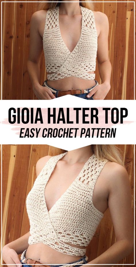 crochet GIOIA Crochet Halter Top pattern - easy crochet top pattern for beginners Halter Top Pattern Free, Easy Crochet Halter Top, Crochet Wrap Top, Crochet Halter Top Pattern, Halter Top Pattern, Summer Top Pattern, Crochet Wearables, Crochet Halter Top, Crop Top Pattern