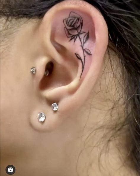 Ear Rose Tattoo, Cartilage Tattoo, Ear Lobe Tattoo, Tragus Tattoo, Inner Ear Tattoo, Different Ear Piercings, Behind Ear Tattoos, Ear Tattoo Ideas, Small Finger Tattoos