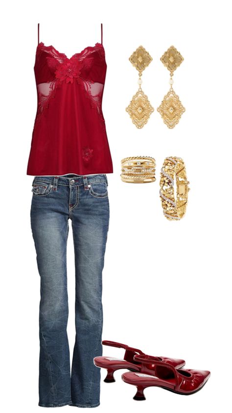 outfit inspo | inspiration | cute outfits | chic outfits | red tops | true religion jeans | gold | gold jewelry | beautiful | bracelets | outfits / 2000s | fashion | Red Top Outfit Y2k, Latina 2000s Outfits, 2000s Fashion Jewelry, 2000s Latina Outfits, 2000s Mexican Fashion, 2000 Latina Fashion, Latina 2000s Fashion, 2000s Fashion Outfits Casual, Latina 2000s