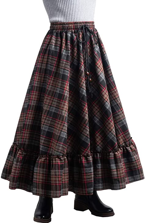 Femiserah Women's Elastic Waist A Line Long Maxi Plaid Wool Skirt Vintage Wool Skirt at Amazon Women’s Clothing store Vintage A Line Skirt, Flannel Maxi Skirt, Long Vintage Skirt Outfits, Long Plaid Skirt Outfit, Long Vintage Skirt, Pleated Skirt Winter, Warm Skirt, Light Grey Skirt, Long Skirt Pattern