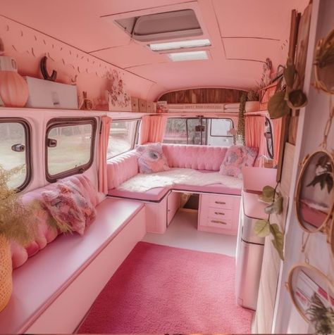 Barbie Rv Campers, Cute Van Interior, Pink Camper Van Interior, Pink Rv Interior, Pink Van Life, Barbie Dream House Decor, Pink Camper Interior, Pink Wallpaper Bedroom Ideas, Pink Mobile Home