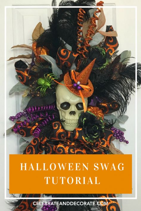 Halloween swag tutorial How To Make A Swag Wreath Tutorials, Halloween Swag Diy, Halloween Door Swag Diy, Fall Door Swag Diy How To Make, How To Make A Swag Wreath Step By Step, Halloween Teardrop Swag, Pink Mason Jars, Skull Wreath, Traditional Wreath