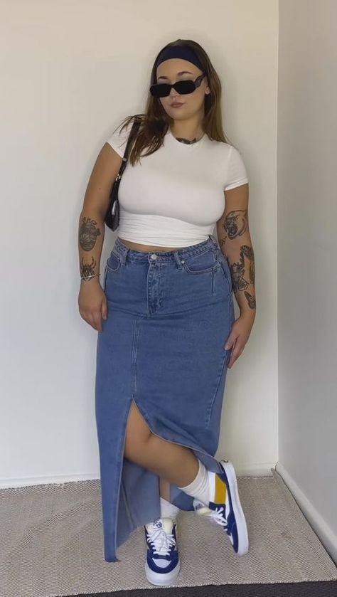 Size10 Fashion Outfit Ideas, Summer Theme Outfit Ideas, Everyday Spring Outfits Plus Size, Long Skirt Outfits For Summer Plus Size, Plus Size European Fashion, Long Denim Skirt Outfit Plus Size, Boho Summer Outfits Plus Size, Mid Size Aesthetic Summer, Trendy Plus Size Outfits Summer