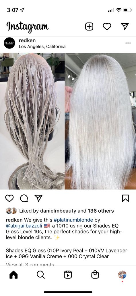 Redken Shades Platinum Formula, Redkin Eq Shades Formulas Silver, Toned Platinum Blonde Hair, Redken Shades Eq Formulas Platinum, Redken Shades Eq White Blonde Formula, Platinum Blonde Hair Redken Formula, Redken White Blonde Formula, White Toner Formulas, White Hair Toner Formula Shades Eq